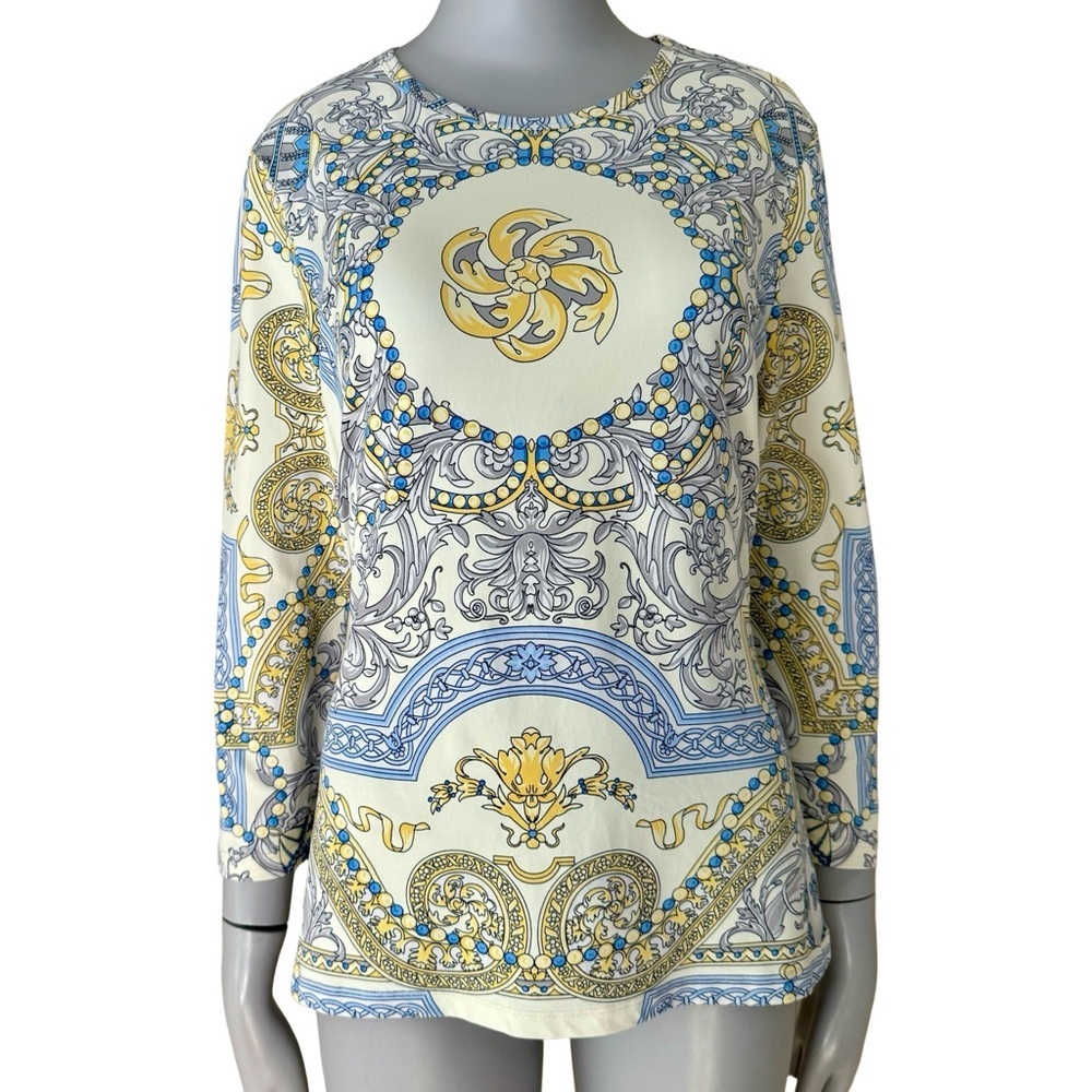 J. MCLAUGHLIN Catalina Cloth Signature Tee Art To Wear Medallion 3/4 Sleeve